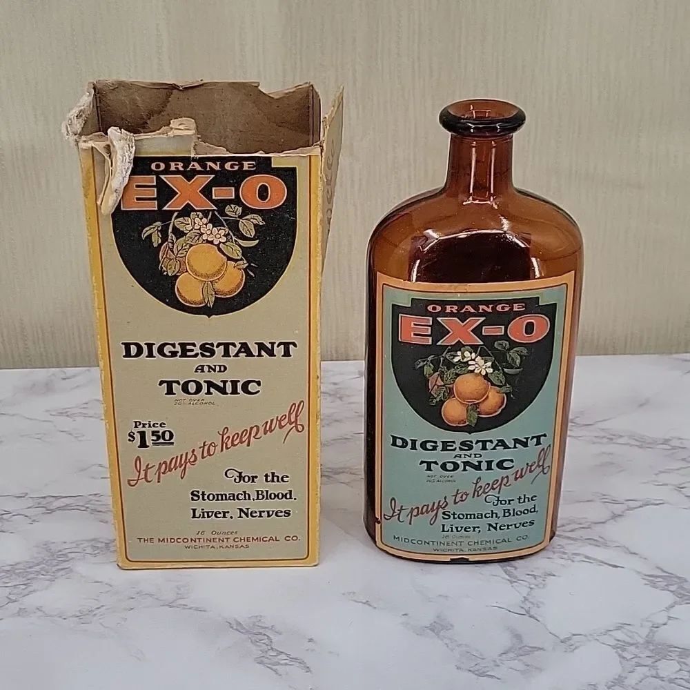Orange Ex-O Late 1800s Apothecary Medicne Tonic bottle Vintage Advertising Decor